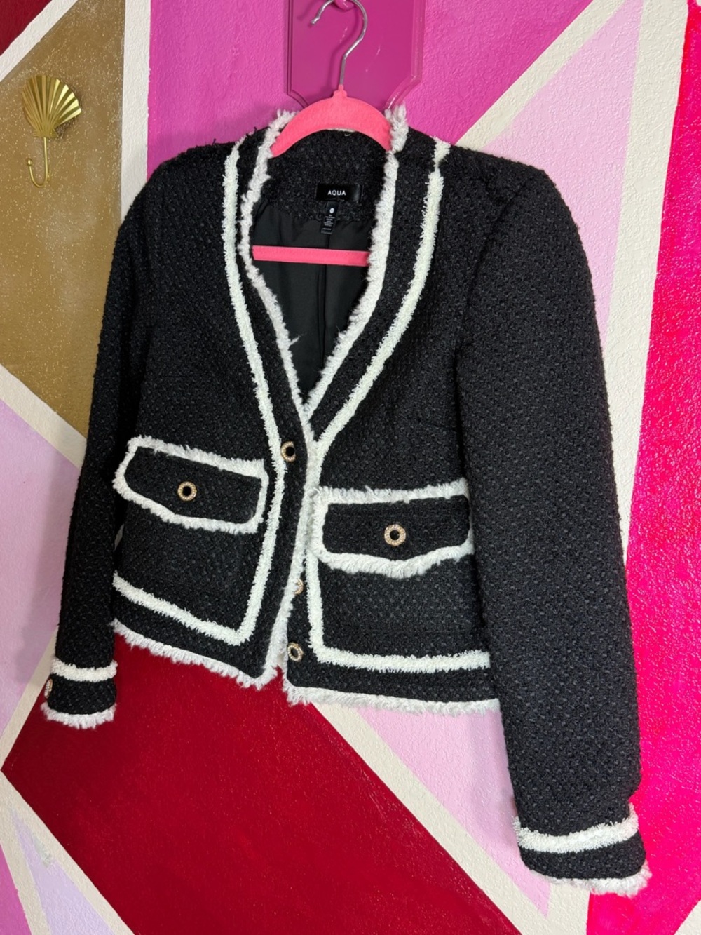 Aqua Black Jacket with White Trim Bouclé Blazer